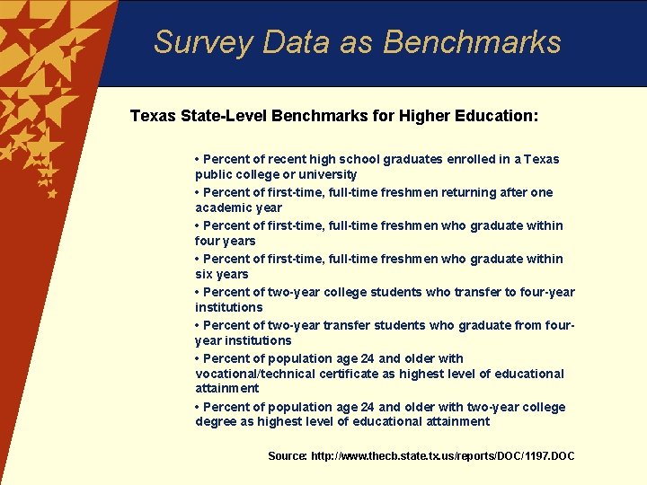 Survey Data as Benchmarks Texas State-Level Benchmarks for Higher Education: • Percent of recent