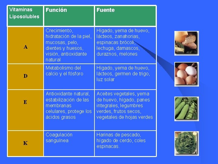 Vitaminas Liposolubles A D E K Función Fuente Crecimiento, hidratación de la piel, mucosas,