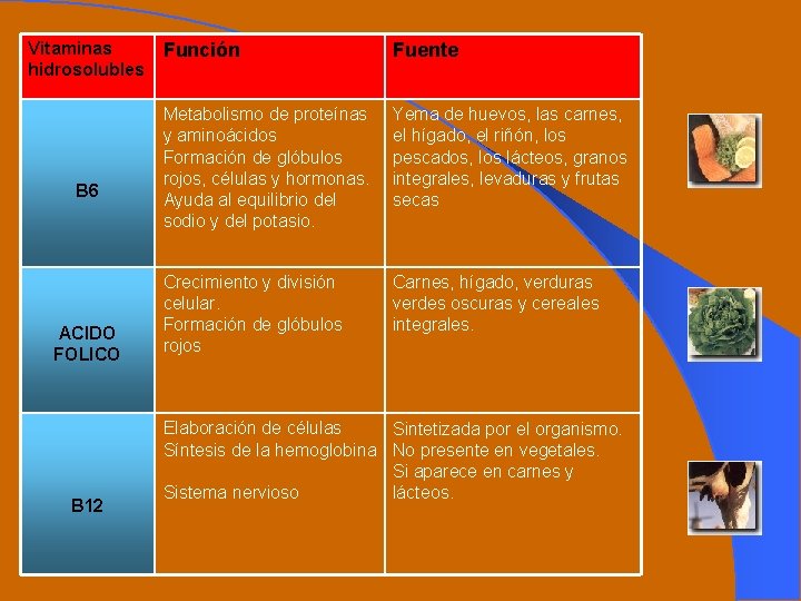  Vitaminas hidrosolubles B 6 ACIDO FOLICO B 12 Función Fuente Metabolismo de proteínas