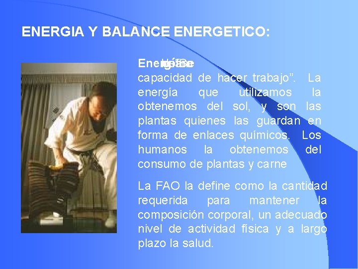 ENERGIA Y BALANCE ENERGETICO: Energía: la define como “Se capacidad de hacer trabajo”. La