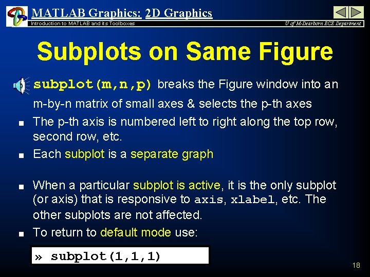 MATLAB Graphics: 2 D Graphics Introduction to MATLAB and its Toolboxes U of M-Dearborn