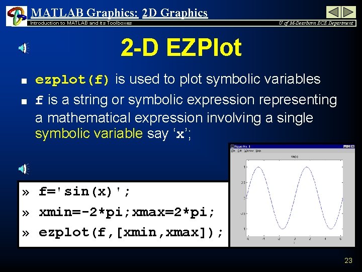 MATLAB Graphics: 2 D Graphics Introduction to MATLAB and its Toolboxes U of M-Dearborn