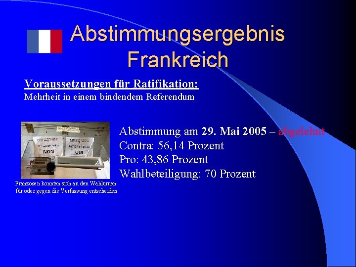 Abstimmungsergebnis Frankreich Voraussetzungen für Ratifikation: Mehrheit in einem bindendem Referendum Abstimmung am 29. Mai