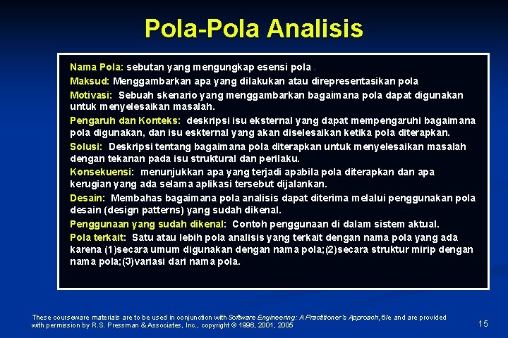 Pola-Pola Analisis Nama Pola: sebutan yang mengungkap esensi pola. Maksud: Menggambarkan apa yang dilakukan