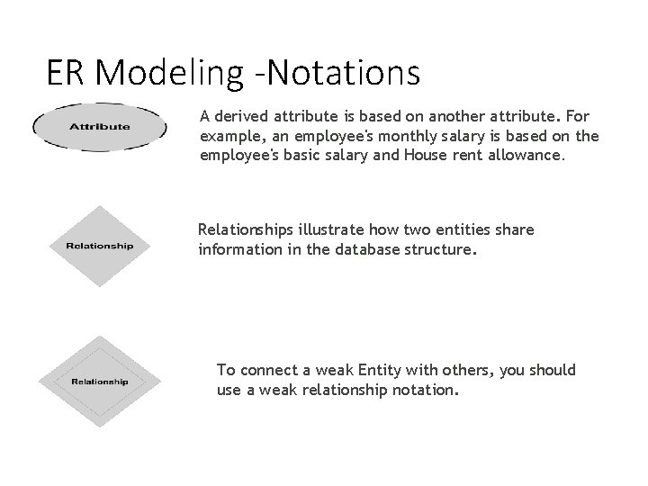 ER Modeling -Notations A derived attribute is based on another attribute. For example, an