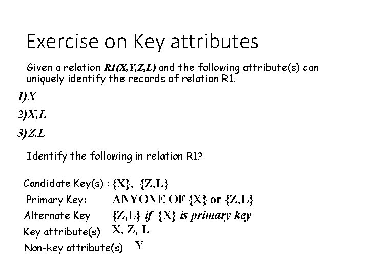 Exercise on Key attributes Given a relation R 1(X, Y, Z, L) and the