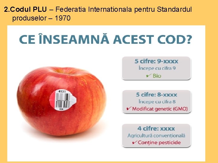 2. Codul PLU – Federatia Internationala pentru Standardul produselor – 1970 