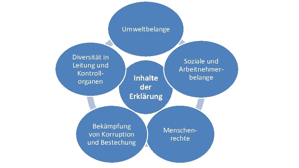 Umweltbelange Diversität in Leitung und Kontrollorganen Inhalte der Erklärung Bekämpfung von Korruption und Bestechung