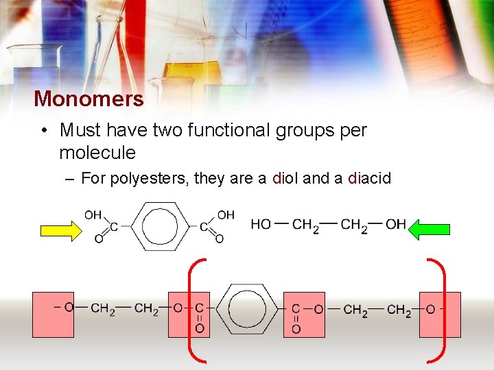 Monomers • Must have two functional groups per molecule – For polyesters, they are