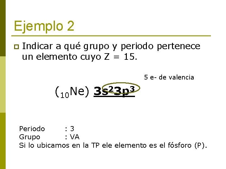 Ejemplo 2 p Indicar a qué grupo y periodo pertenece un elemento cuyo Z