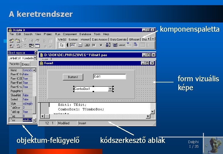 A keretrendszer komponenspaletta form vizuális képe objektum-felügyelő kódszerkesztő ablak Delphi I / 35 