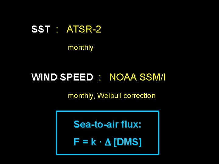 SST : ATSR-2 monthly WIND SPEED : NOAA SSM/I monthly, Weibull correction Sea-to-air flux: