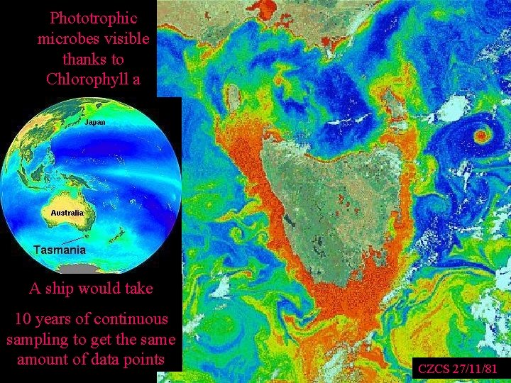 Phototrophic microbes visible thanks to Chlorophyll a A ship would take 10 years of