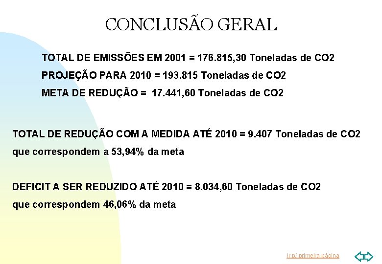 CONCLUSÃO GERAL TOTAL DE EMISSÕES EM 2001 = 176. 815, 30 Toneladas de CO