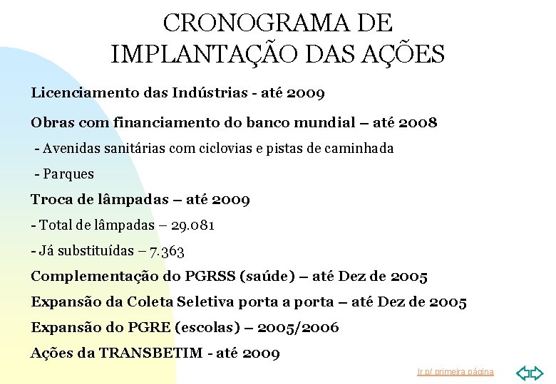 CRONOGRAMA DE IMPLANTAÇÃO DAS AÇÕES Licenciamento das Indústrias - até 2009 Obras com financiamento