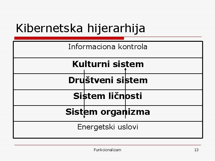 Kibernetska hijerarhija Informaciona kontrola Kulturni sistem Društveni sistem Sistem ličnosti Sistem organizma Energetski uslovi