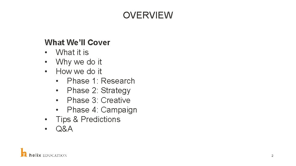 OVERVIEW What We’ll Cover • What it is • Why we do it •
