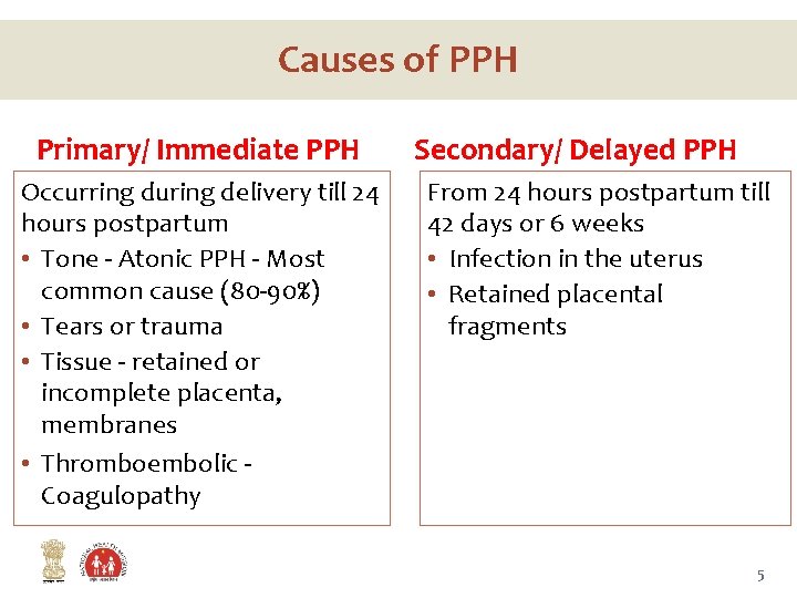 Causes of PPH Primary/ Immediate PPH Occurring during delivery till 24 hours postpartum •