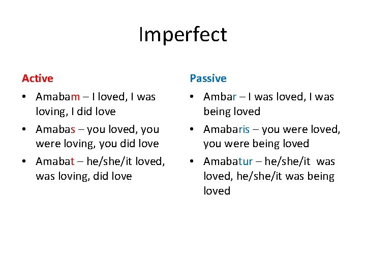 Imperfect Active Passive • Amabam – I loved, I was loving, I did love