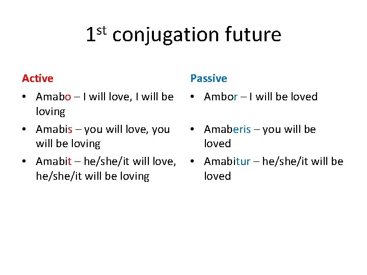 1 st conjugation future Active Passive • Amabo – I will love, I will