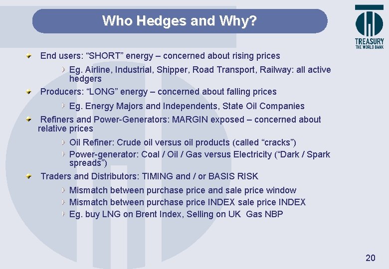 Who Hedges and Why? End users: “SHORT” energy – concerned about rising prices Eg.