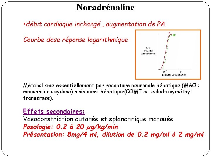 Noradrénaline • débit cardiaque inchangé , augmentation de PA Courbe dose réponse logarithmique Métabolisme