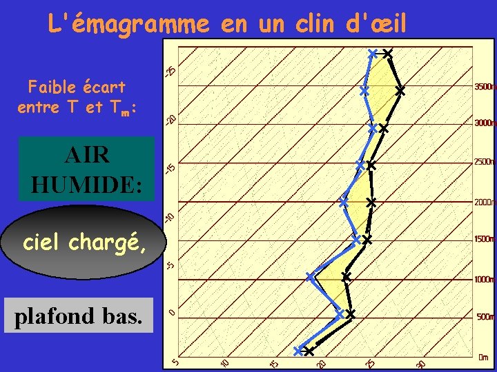 L'émagramme en un clin d'œil Faible écart entre T et Tm: AIR HUMIDE: ciel