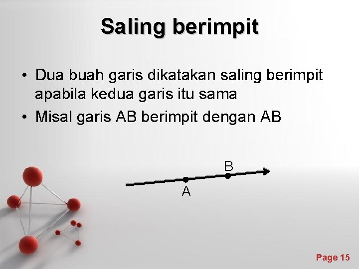 Saling berimpit • Dua buah garis dikatakan saling berimpit apabila kedua garis itu sama