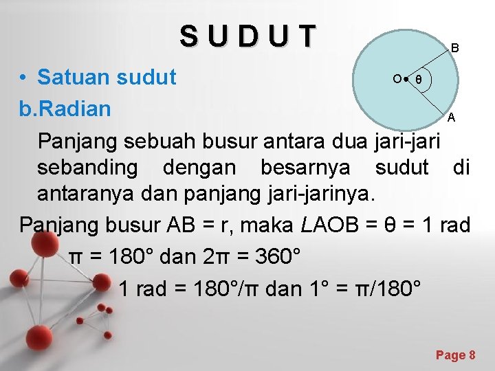 SUDUT B O θ • Satuan sudut b. Radian A Panjang sebuah busur antara