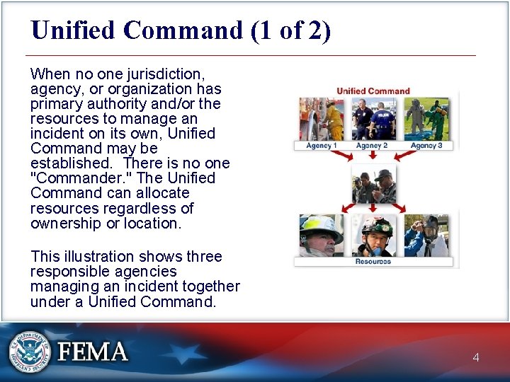 Unified Command (1 of 2) When no one jurisdiction, agency, or organization has primary