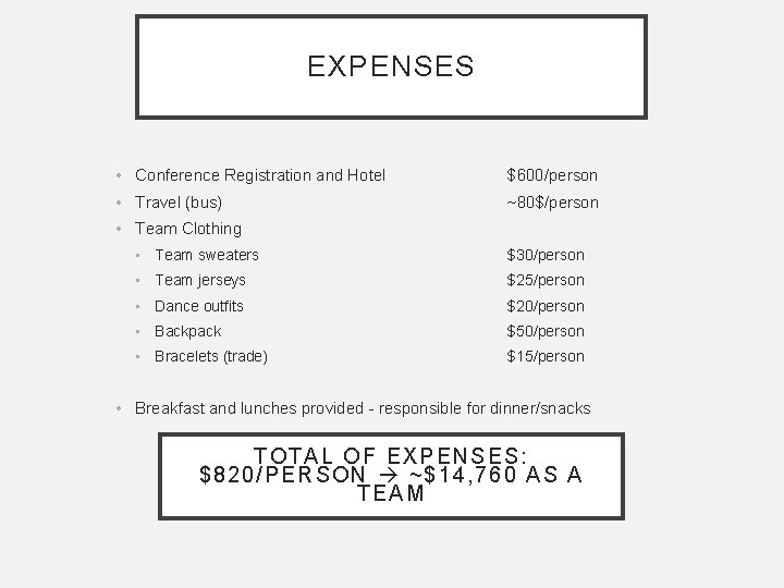 EXPENSES • Conference Registration and Hotel $600/person • Travel (bus) ~80$/person • Team Clothing