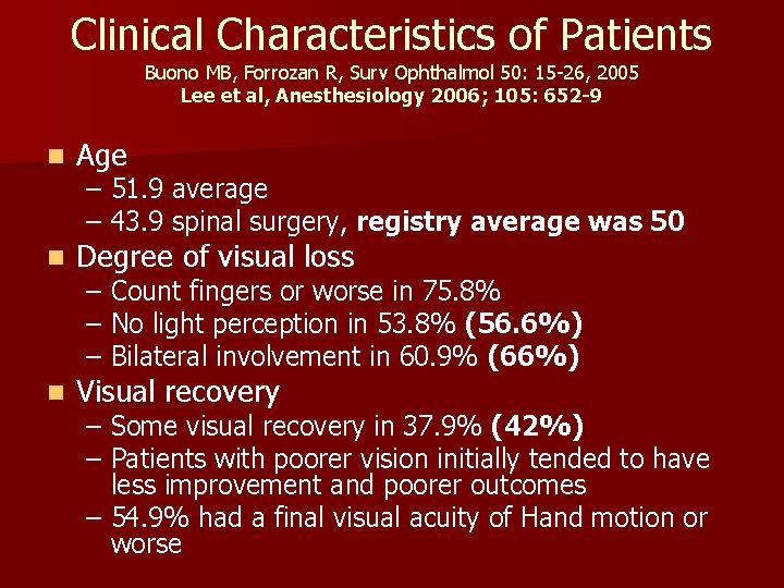 Clinical Characteristics of Patients Buono MB, Forrozan R, Surv Ophthalmol 50: 15 -26, 2005