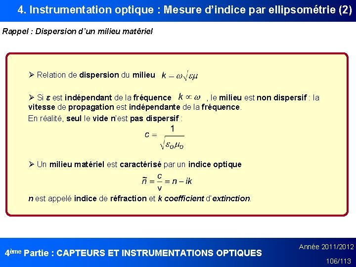 4. Instrumentation optique : Mesure d’indice par ellipsométrie (2) Rappel : Dispersion d’un milieu