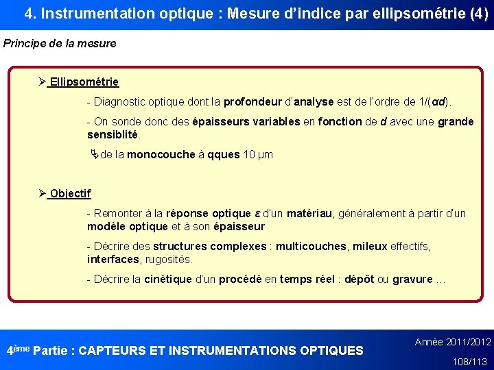 4. Instrumentation optique : Mesure d’indice par ellipsométrie (4) Principe de la mesure Ø