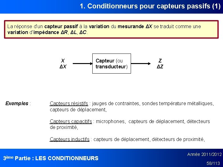 1. Conditionneurs pour capteurs passifs (1) La réponse d’un capteur passif à la variation