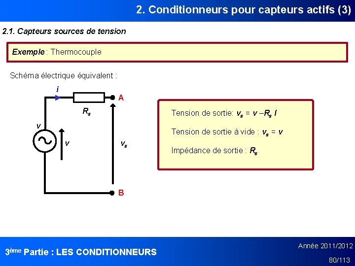 2. Conditionneurs pour capteurs actifs (3) 2. 1. Capteurs sources de tension Exemple :