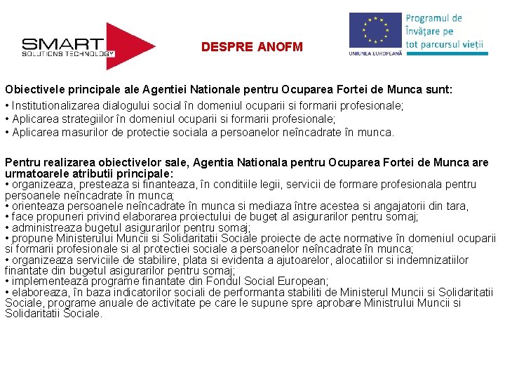 DESPRE ANOFM Obiectivele principale Agentiei Nationale pentru Ocuparea Fortei de Munca sunt: • Institutionalizarea
