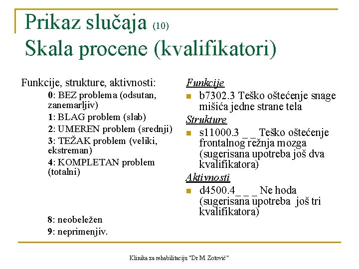 Prikaz slučaja (10) Skala procene (kvalifikatori) Funkcije, strukture, aktivnosti: 0: BEZ problema (odsutan, zanemarljiv)