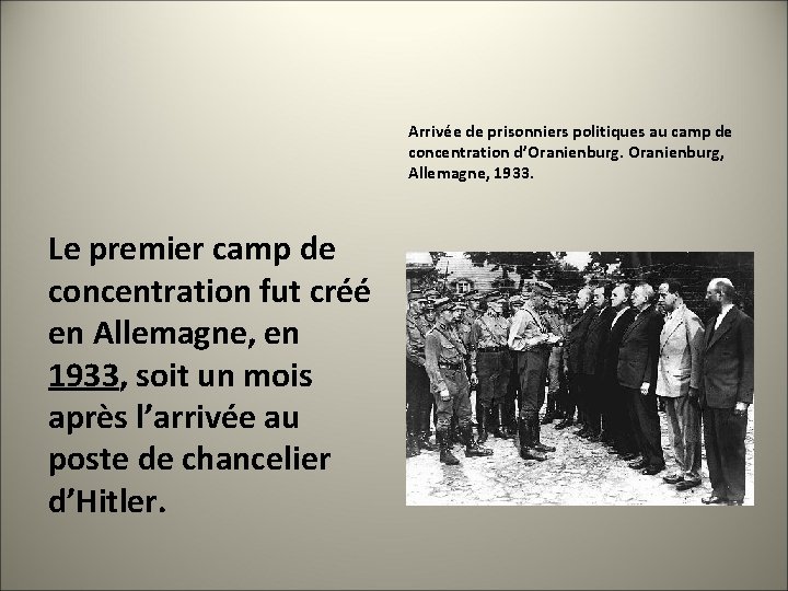 Arrivée de prisonniers politiques au camp de concentration d’Oranienburg, Allemagne, 1933. Le premier camp