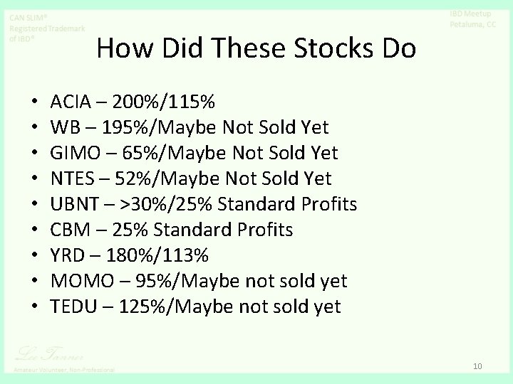 How Did These Stocks Do • • • ACIA – 200%/115% WB – 195%/Maybe