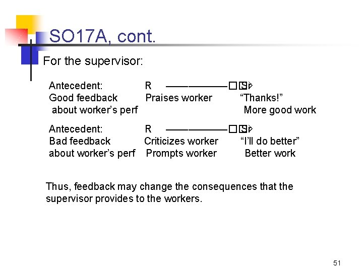 SO 17 A, cont. For the supervisor: Antecedent: R ––––––��> Sr Good feedback Praises