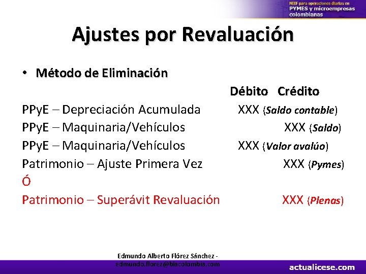 Ajustes por Revaluación • Método de Eliminación Débito Crédito PPy. E – Depreciación Acumulada