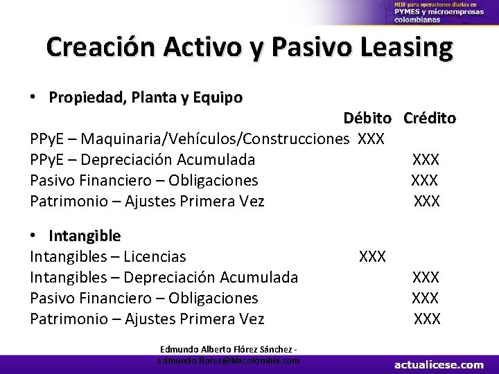 Creación Activo y Pasivo Leasing • Propiedad, Planta y Equipo Débito Crédito PPy. E