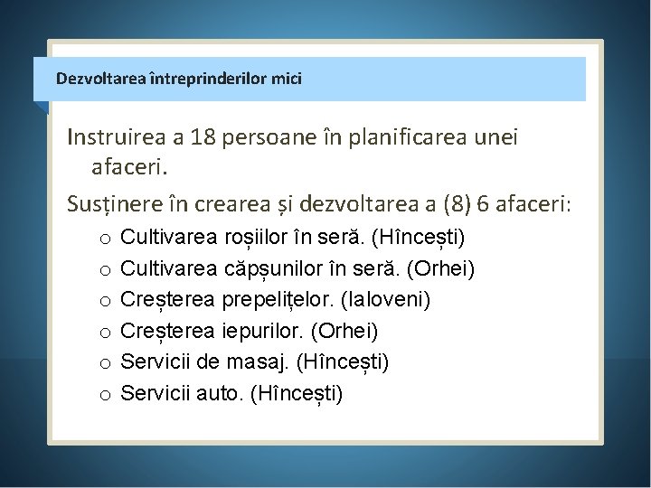 Dezvoltarea întreprinderilor mici Instruirea a 18 persoane în planificarea unei afaceri. Susținere în crearea