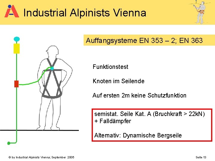 Industrial Alpinists Vienna Auffangsysteme EN 353 – 2; EN 363 Funktionstest Knoten im Seilende