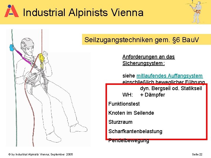 Industrial Alpinists Vienna Seilzugangstechniken gem. § 6 Bau. V Anforderungen an das Sicherungsystem: siehe