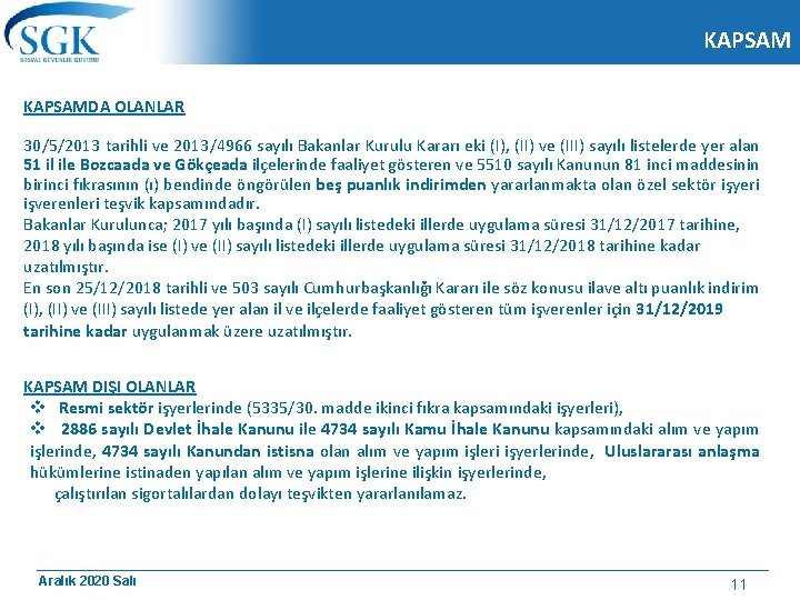 KAPSAMDA OLANLAR 30/5/2013 tarihli ve 2013/4966 sayılı Bakanlar Kurulu Kararı eki (I), (II) ve