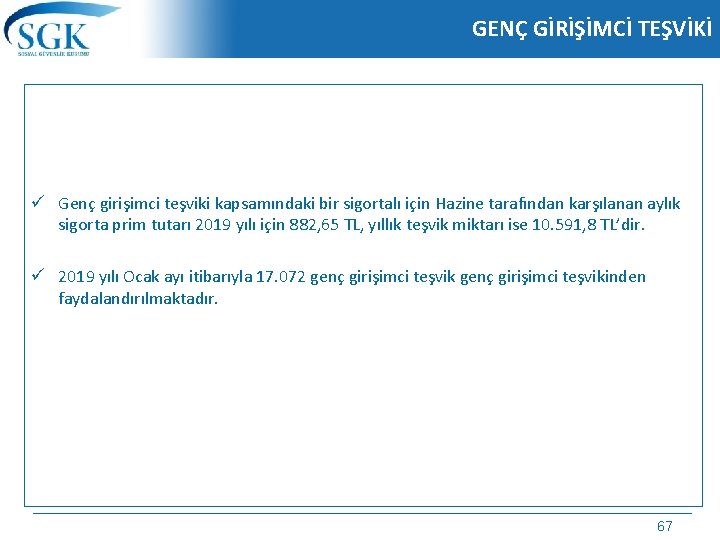 GENÇ GİRİŞİMCİ TEŞVİKİ ü Genç girişimci teşviki kapsamındaki bir sigortalı için Hazine tarafından karşılanan