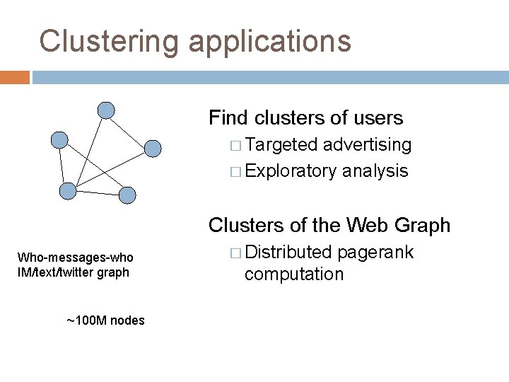 Clustering applications Find clusters of users � Targeted advertising � Exploratory analysis Clusters of