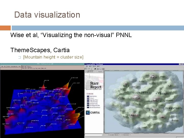 Data visualization Wise et al, “Visualizing the non-visual” PNNL Theme. Scapes, Cartia � [Mountain